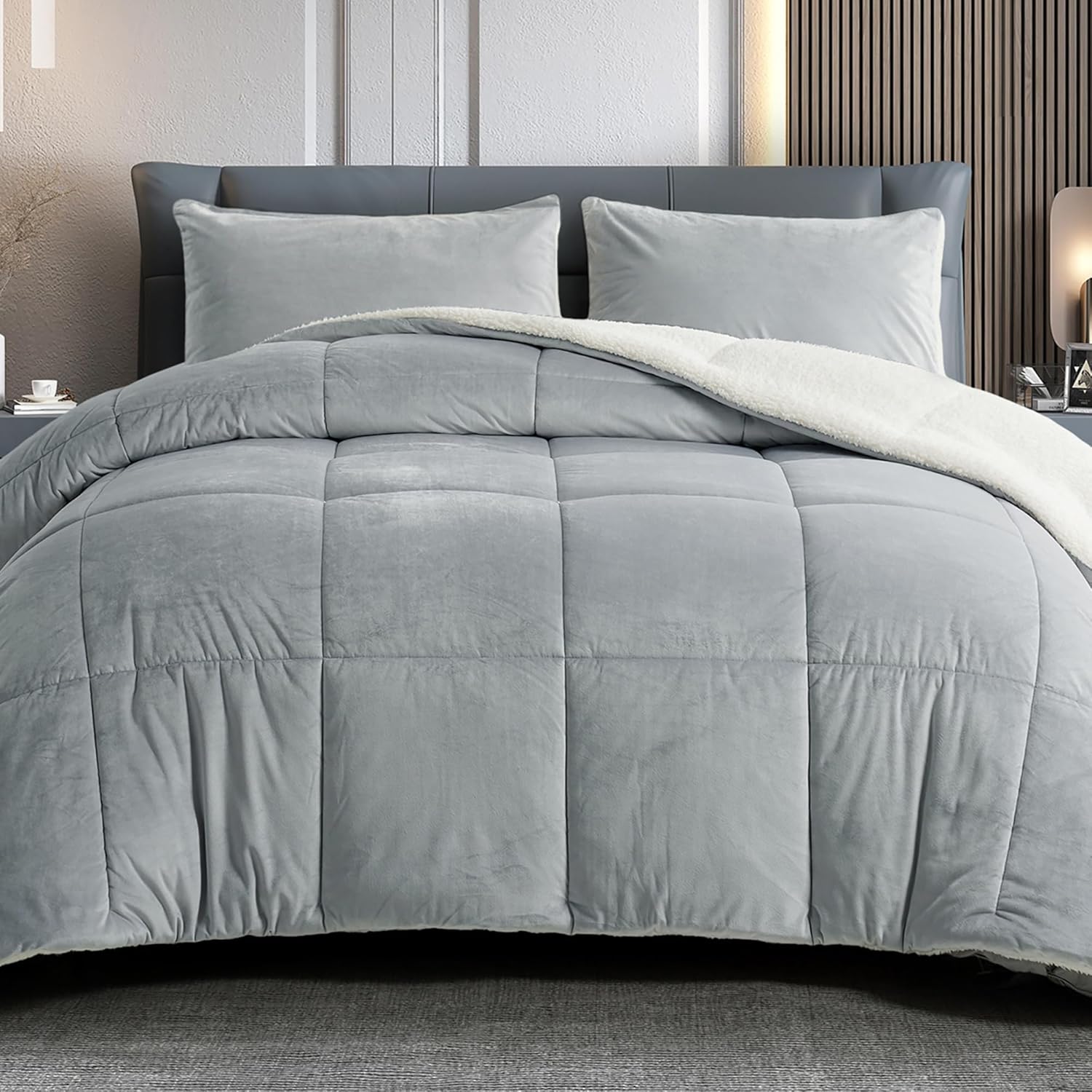 BEDHOURS King Size Comforter Set Micromink Sherpa Comforter 3 Piece Ultra Soft P...