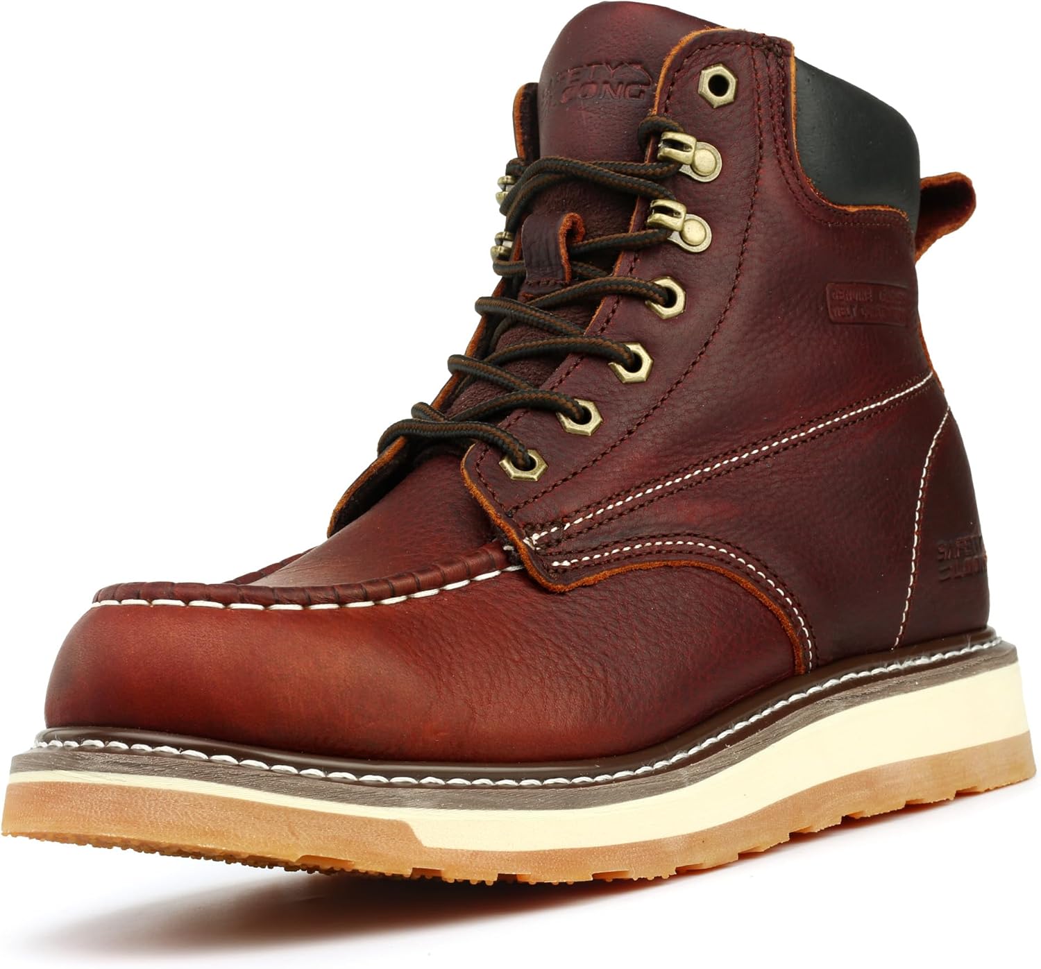 Moc Toe Work Boots for Men Soft Toe Comfortable Full Grain Leather Non Slip Wedg...