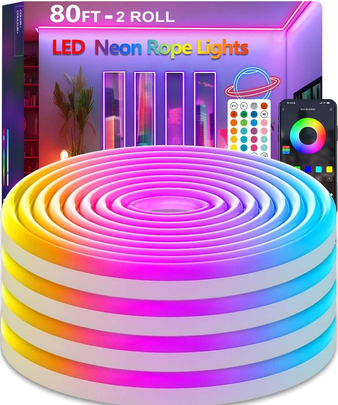 80FT (2 Rolls 40FT) Neon Rope Lights,Flexible Led Rope Lights Control with App/R...