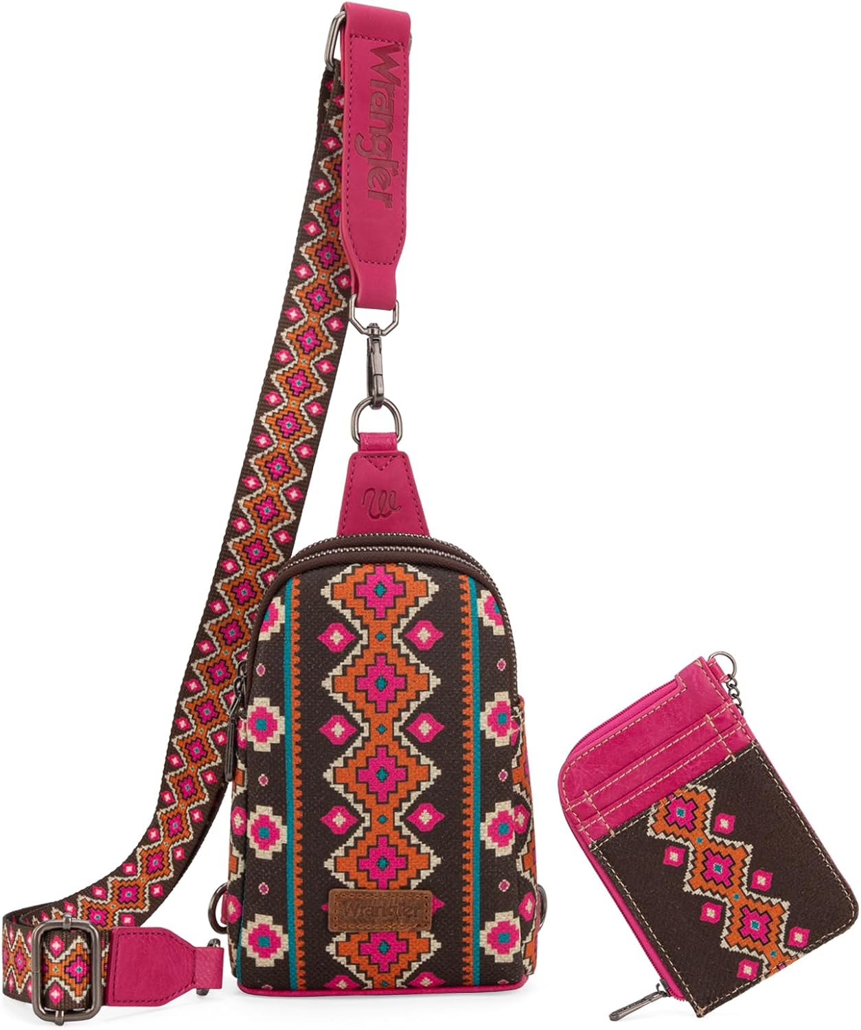 Wrangler Aztec Crossbody Sling Bags for Women Wallet Set Hot Pink
