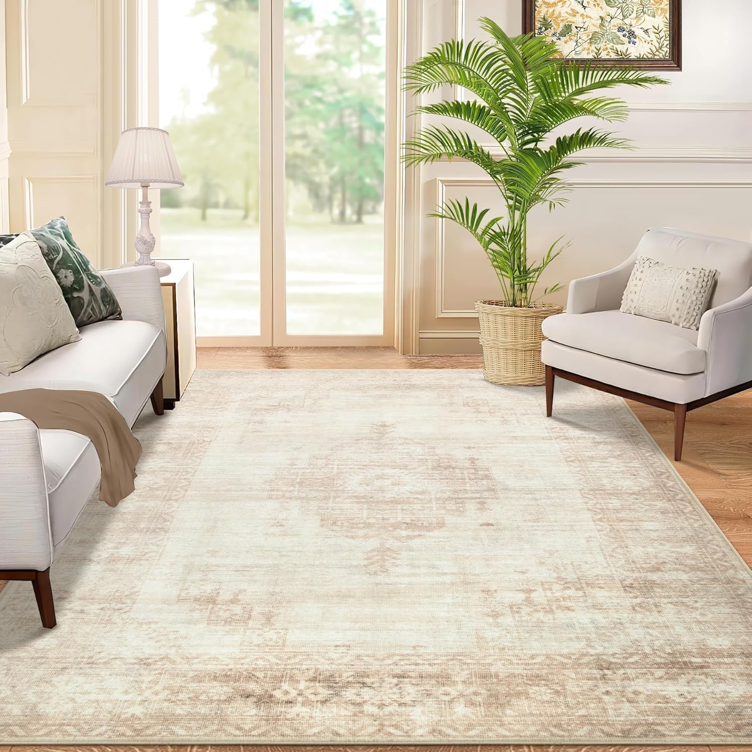 Vintage Living Room Area Rug - 5x7 Large Machine Washable Boho Moroccan Distress...