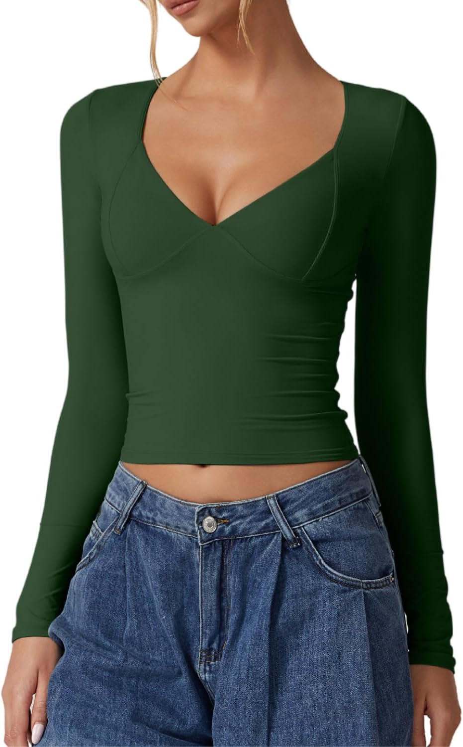 QINSEN Women's Long Sleeve V Neck T Shirts Double Lined Crop Top Seamed Cup Goin...