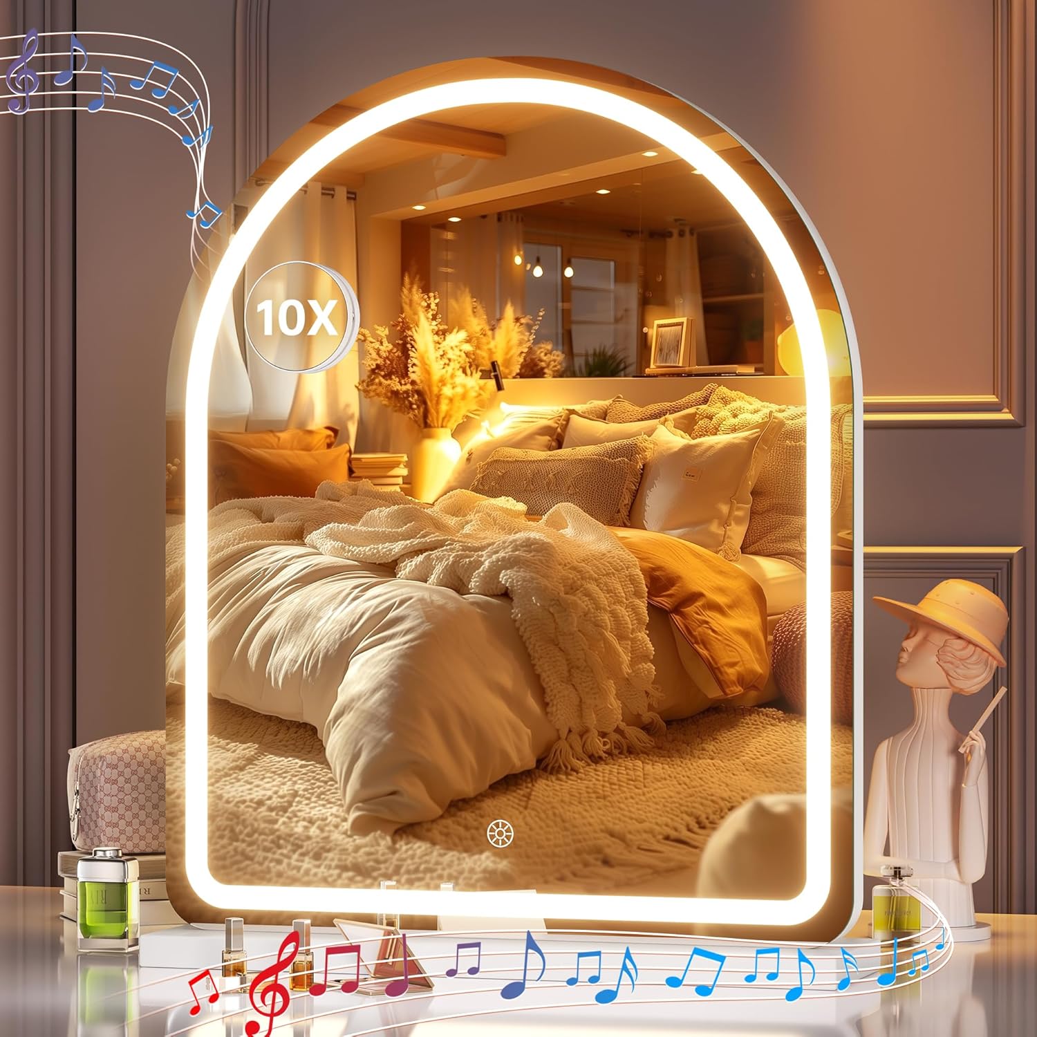 Hasipu Vanity Mirror with Lights and Bluetooth Speaker, 18"× 22" Arched LED Make...