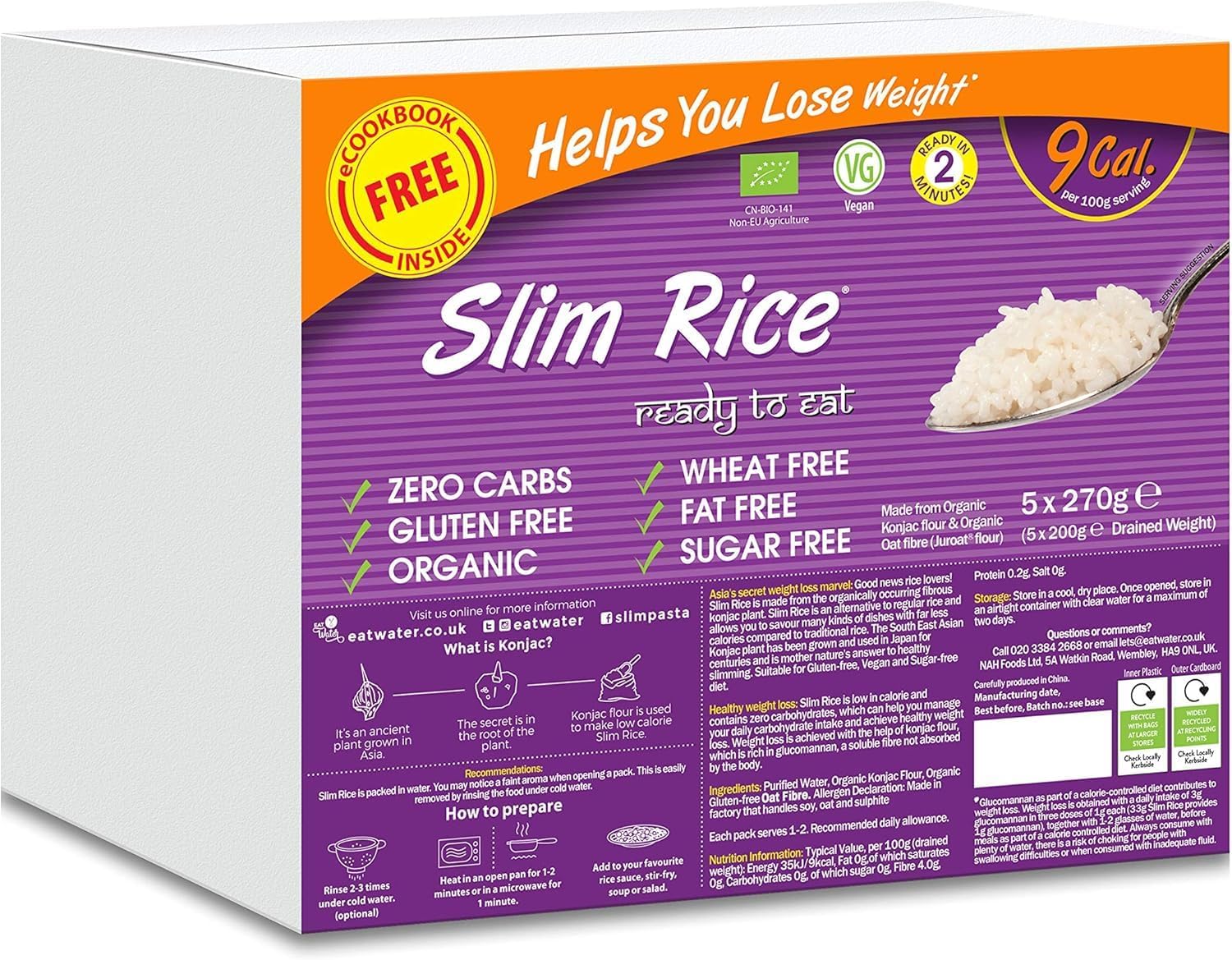 Eat Water Slim Rice 270g Enviro Pack of 5 - Made with Organic Konjac Flour Keto...