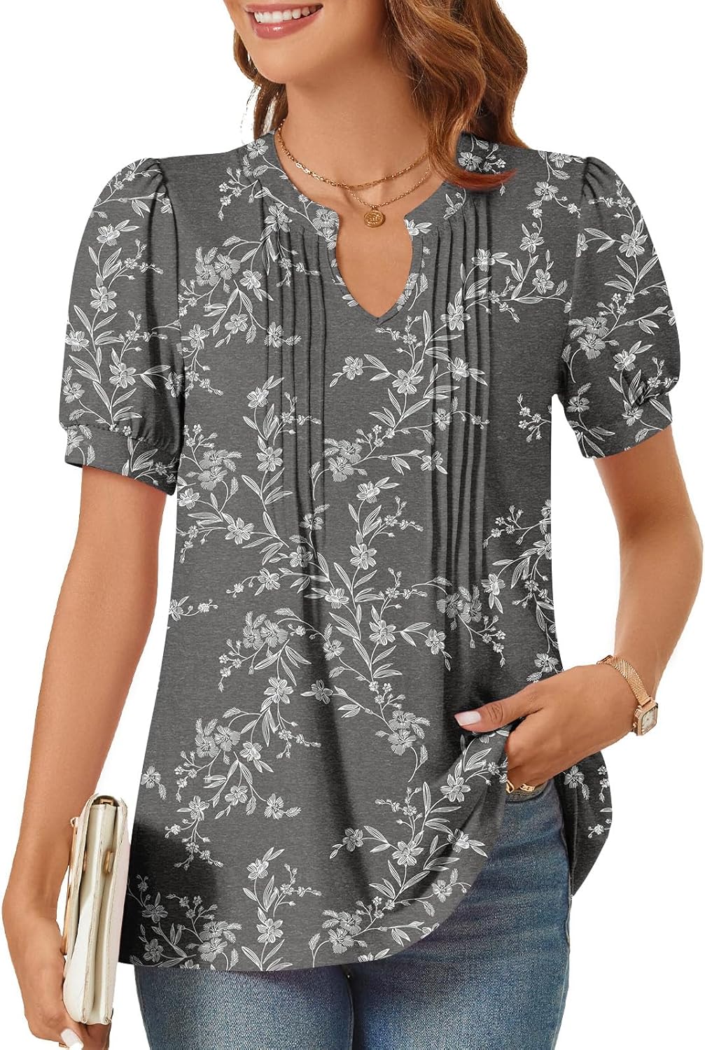 syoss Women's Summer Tops Casual Dressy Blouses with Puff Sleeves White Carvings...