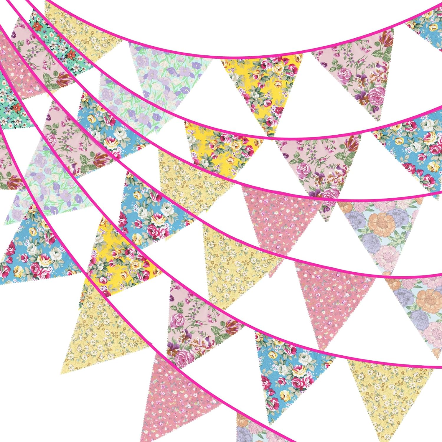 G2PLUS 12M Floral Fabric Bunting, 19x21CM Garden Bunting, Large Reusable Cotton...