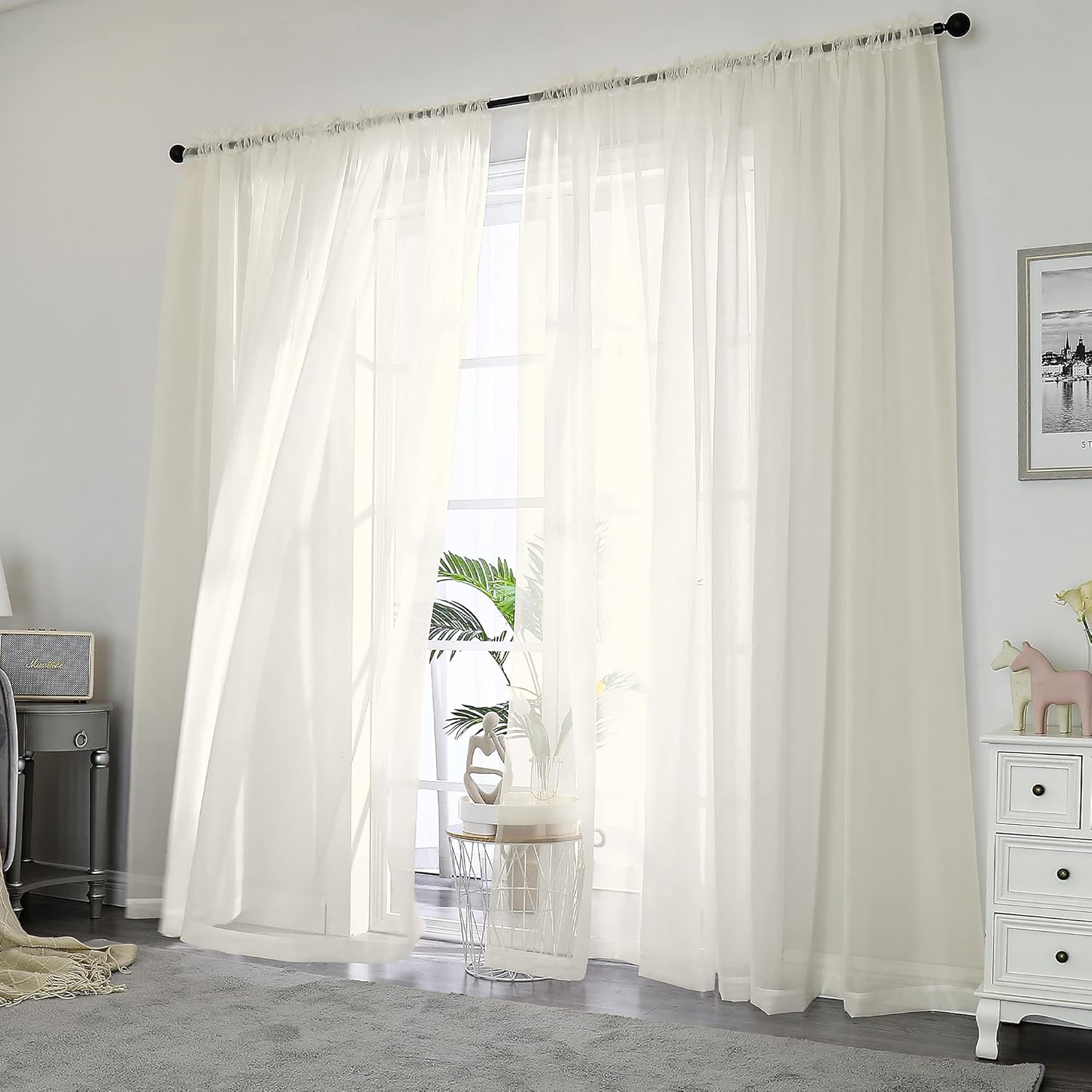 OWENIE Sheer Curtains 84 inch Length, Ivory Sheer Cutains 2 Panels Set for Bedro...