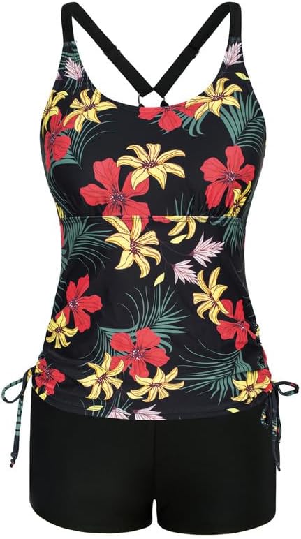 JASAMBAC Women's Strappy Tankini Swimsuits Drawstring Bathing Suits Two Piece Fl...