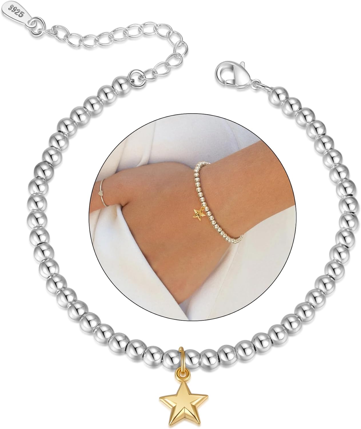 XOEMEL Sterling Silver Bracelet for Women 5MM Round Silver Bead Bracelet Adjusta...