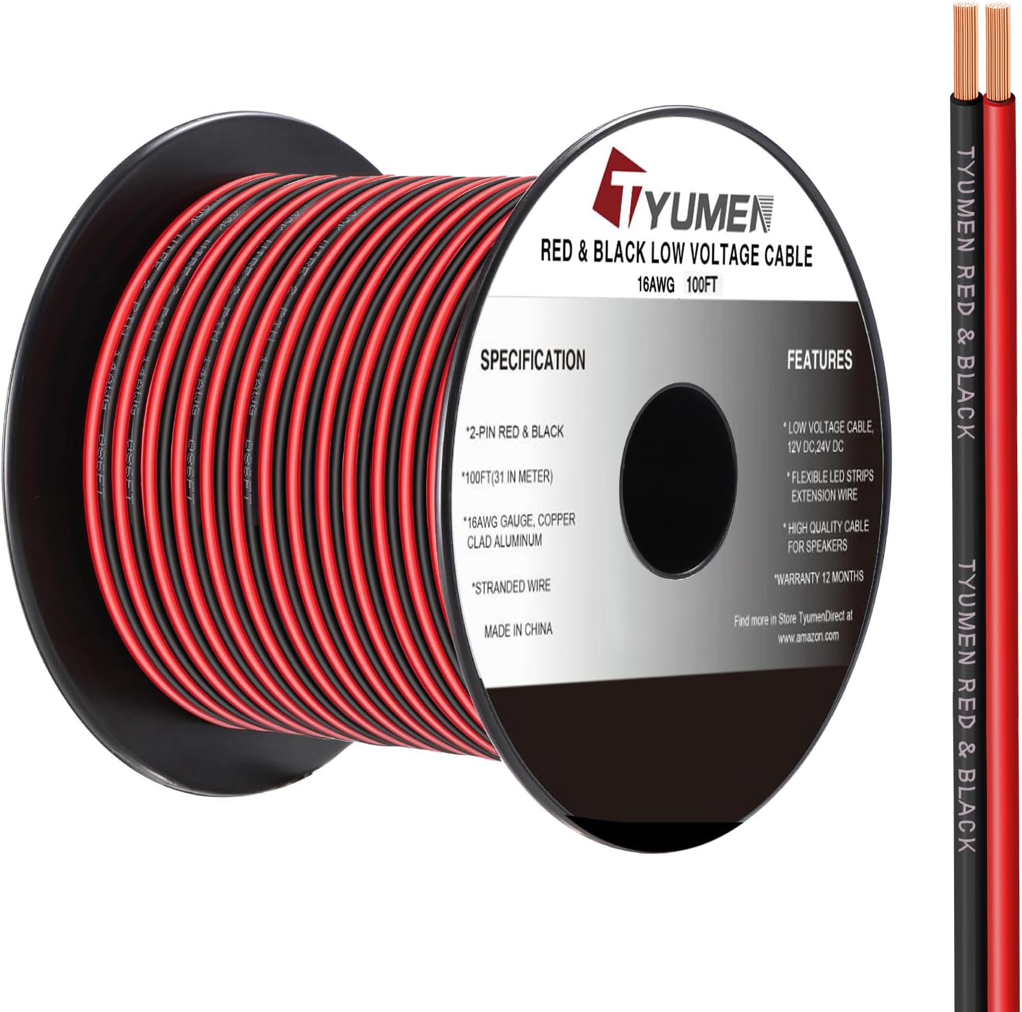 16 Gauge Wire 100FT, 16/2 AWG Red Black Hookup Electrical Wire LED Strips Extens...