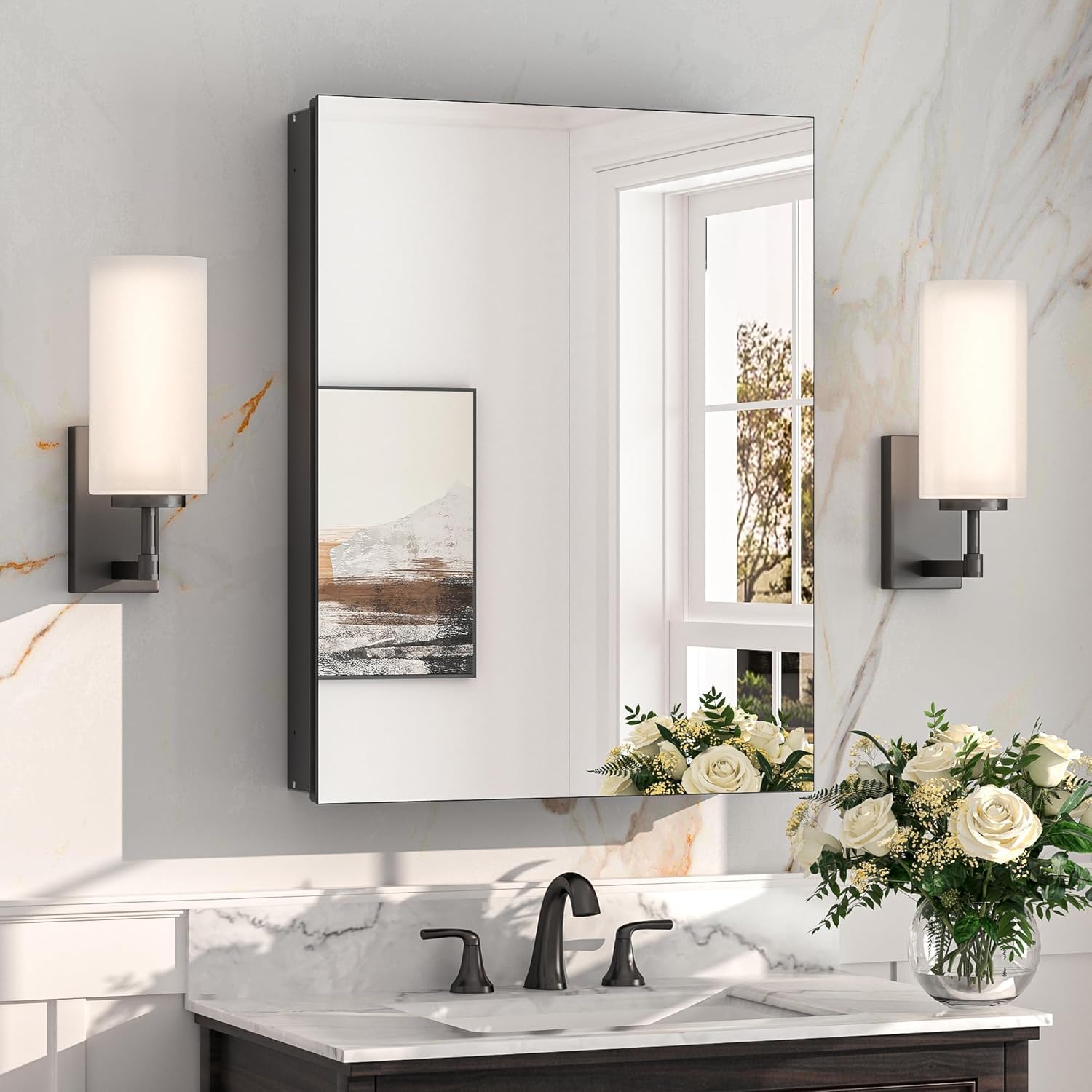 Keonjinn 20 x 26 Inch Black Bathroom Medicine Cabinet Mirror, Lightweight Alumin...