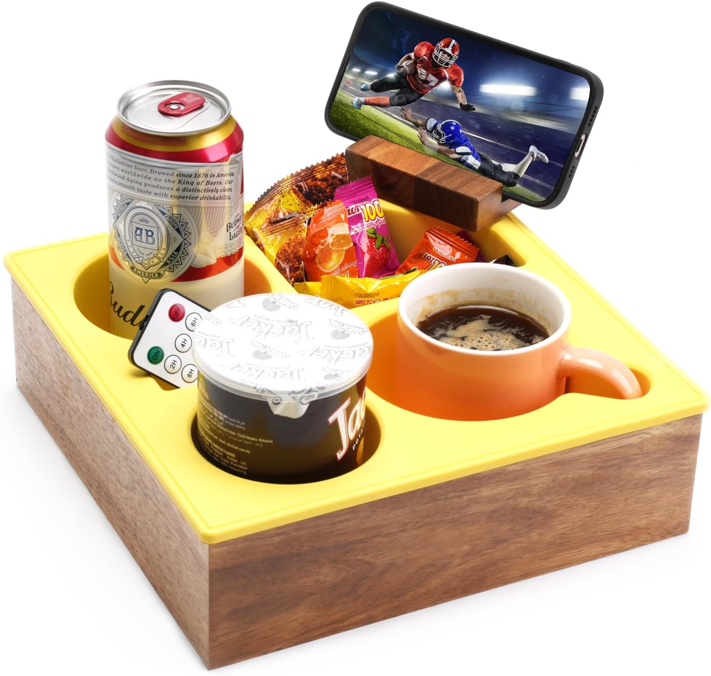 Couch Cup Holder Tray, Handy Soft Silicone Acacia Wooden Couch Caddy for Bed Car...