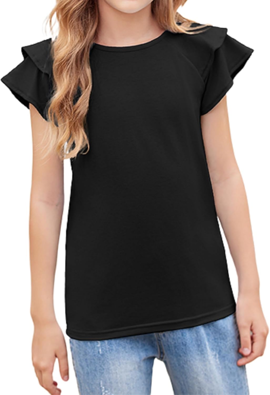 Arshiner Girls T-Shirts Wavy Sleeves Kids Summer Cotton Short Sleeve Tops Casual...