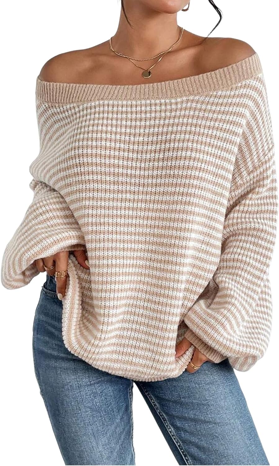 ZAFUL Women Off Shoulder Sweater Long Sleeve Knit Sweater Loose Pullover Jumper...