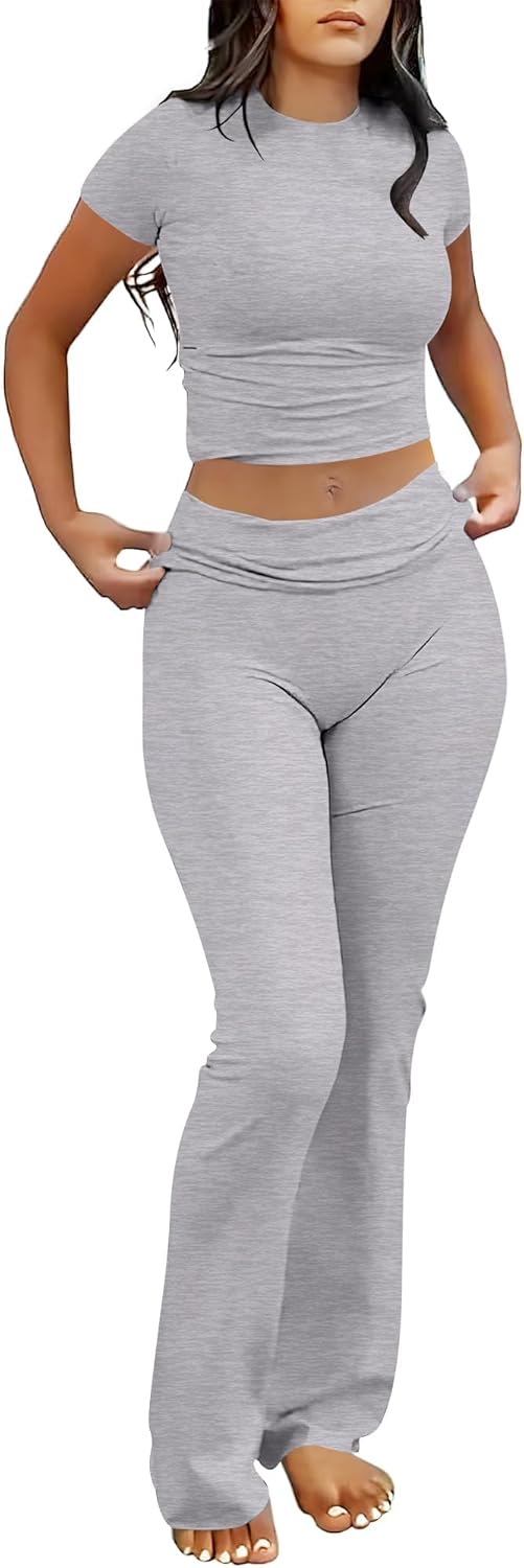 ANRABESS Lounge Sets for Women 2 piece Foldover Yoga Flare Leggings Pants Crop T...