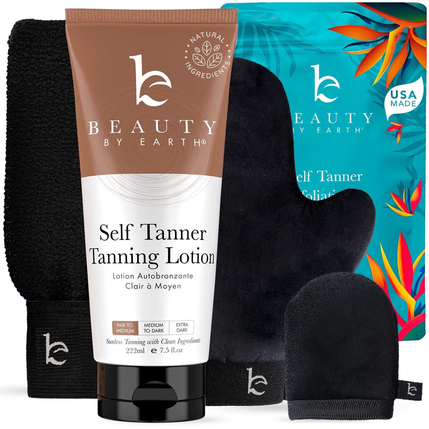 Self Tanner Bundle - Self Tanning Lotion with Self Tanner Mitt, Exfoliating Glov...