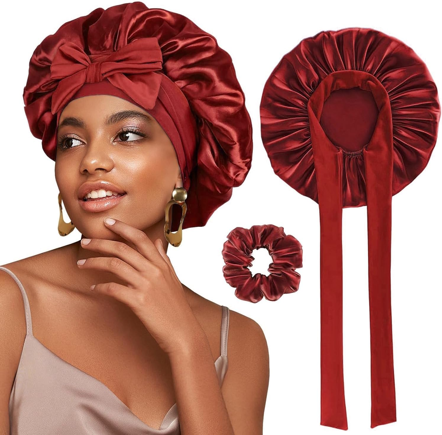 FOLAI Satin Bonnet,1PC Silk Sleep Bonnets for Women, Adjustable Satin Night Slee...