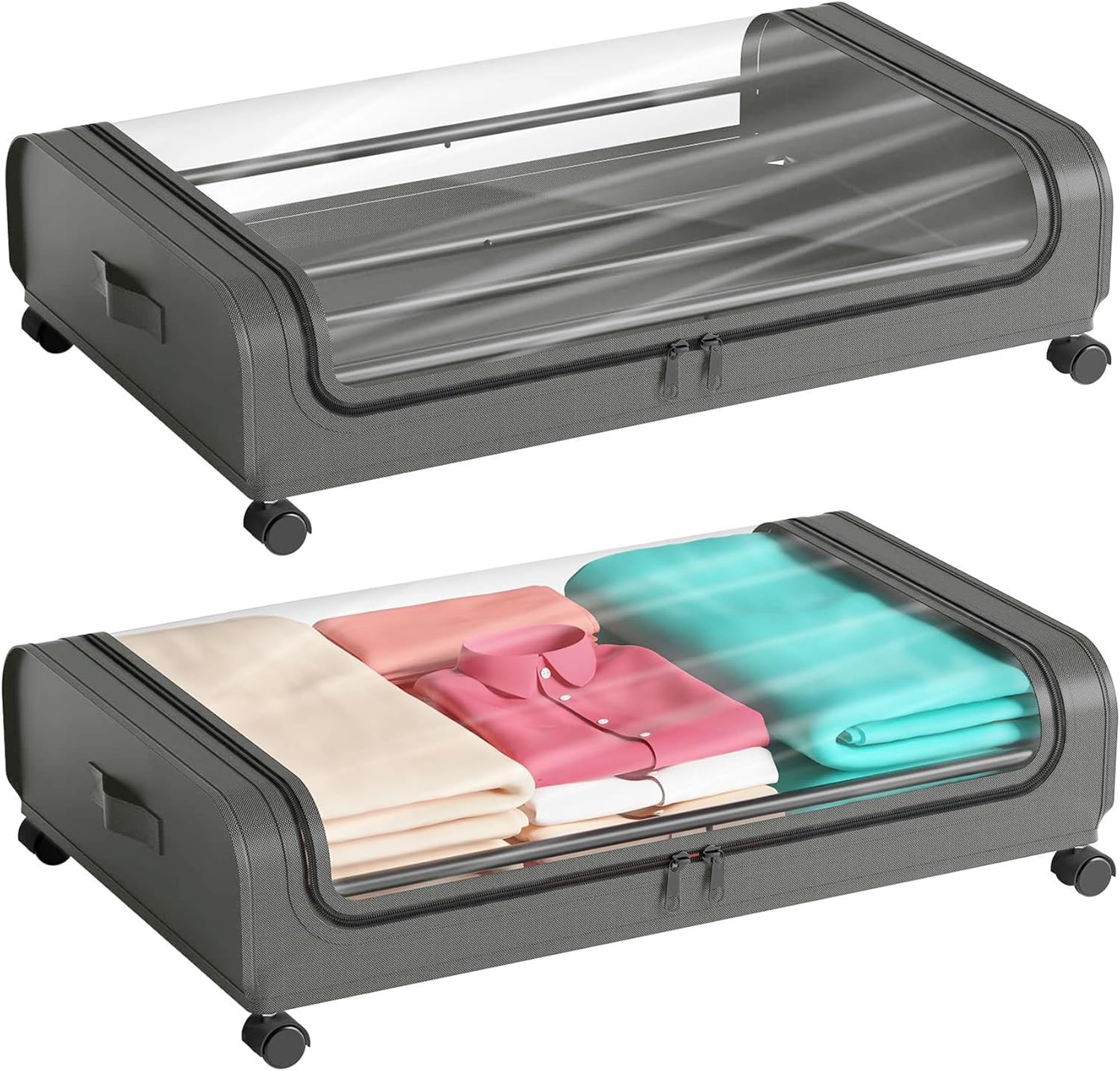 2 Pack Under Bed Storage with Wheels Lid 48L Rolling Metal Frame Underbed Contai...
