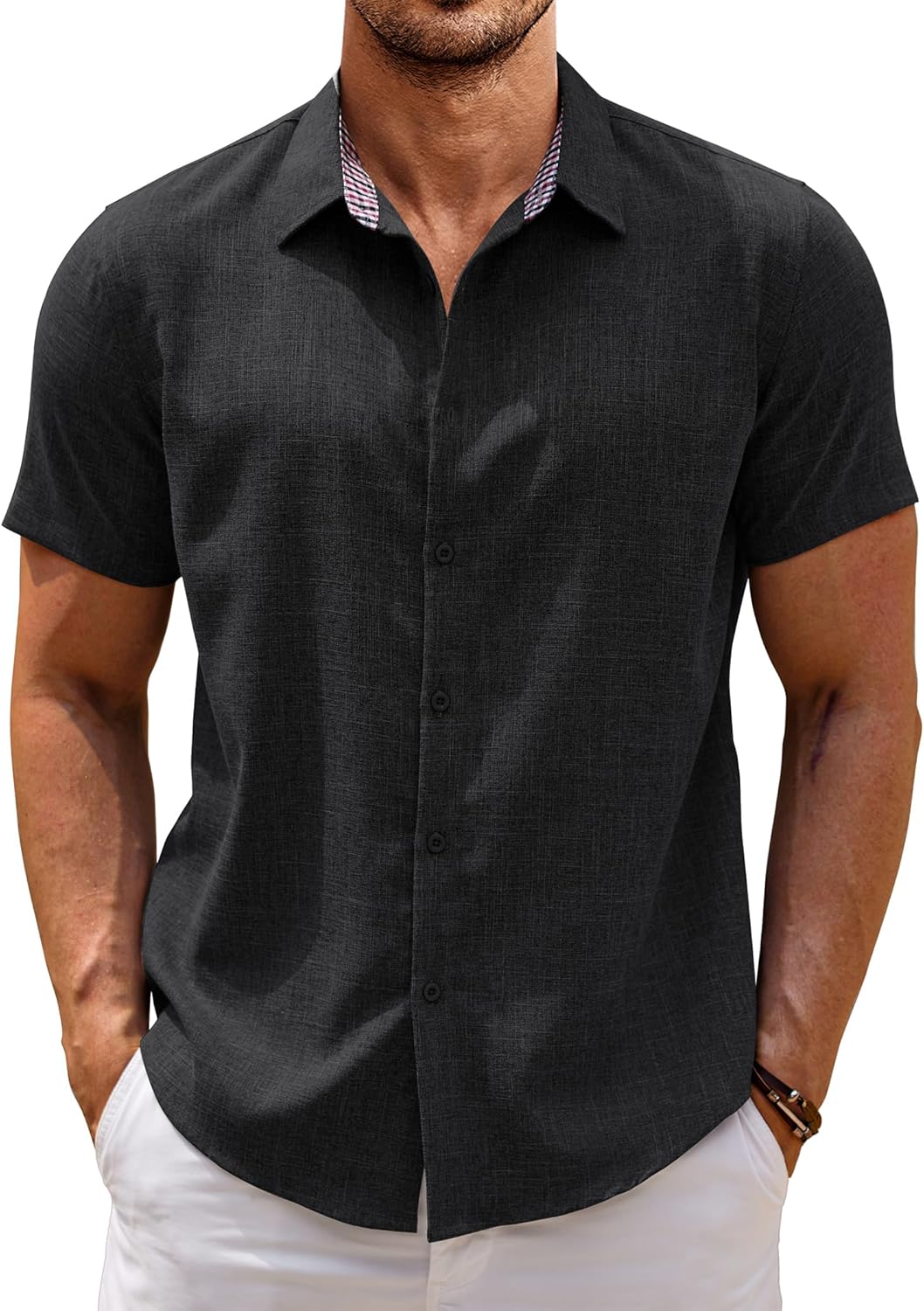 COOFANDY Mens Linen Shirt Short Sleeve Button Down Shirts Casual Plaid Collar Su...