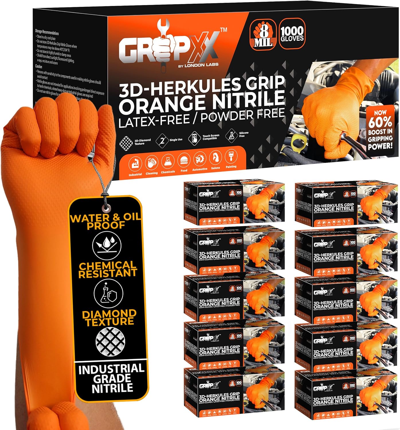 Herkules Grip Heavy Duty 8Mil Orange Nitrile Gloves,3D Raised Diamond Texture-La...