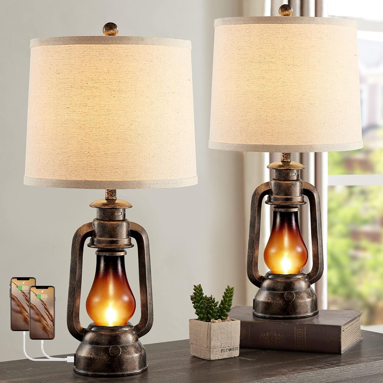 Farmhouse Rustic Table Lamps for Bedroom Set of 2, Vintage Lantern Lamp with Dua...