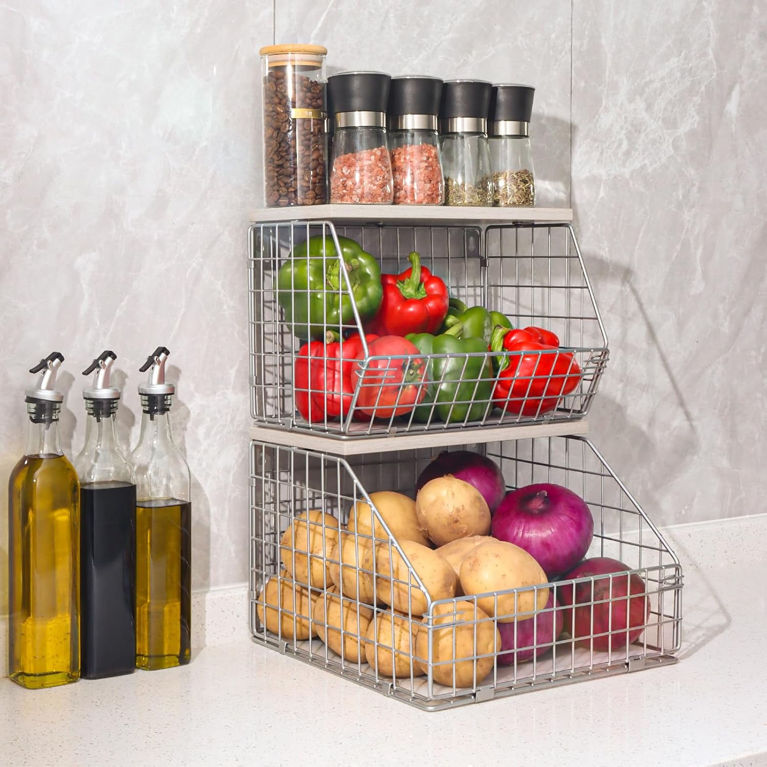Silver Fruit Basket, Stackable Wall Mounted Pantry Organizers and Storage Basket...