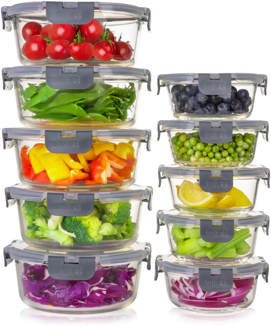 Igluu Meal Prep Round Glass Containers with Lids Airtight - Glass Food Storage C...