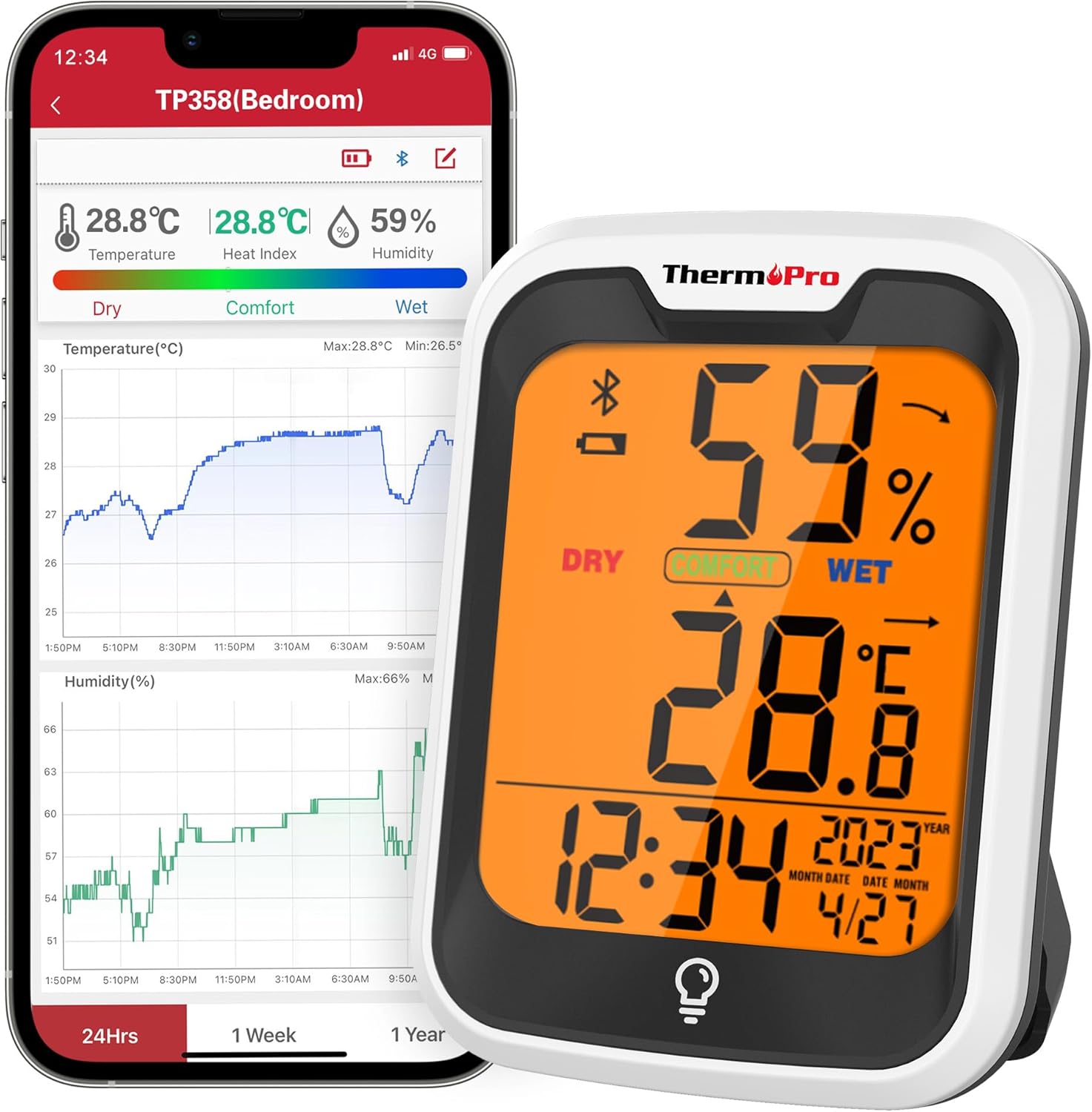 ThermoPro TP358 Bluetooth Hygrometer Room Thermometer with Built-in Clock, Swiss...