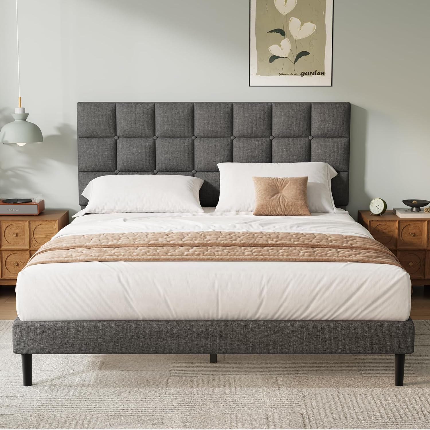 Yocreat Double Bed Frame with Underbed Storage, Easy Assembly, Sturdy Wooden Sla...