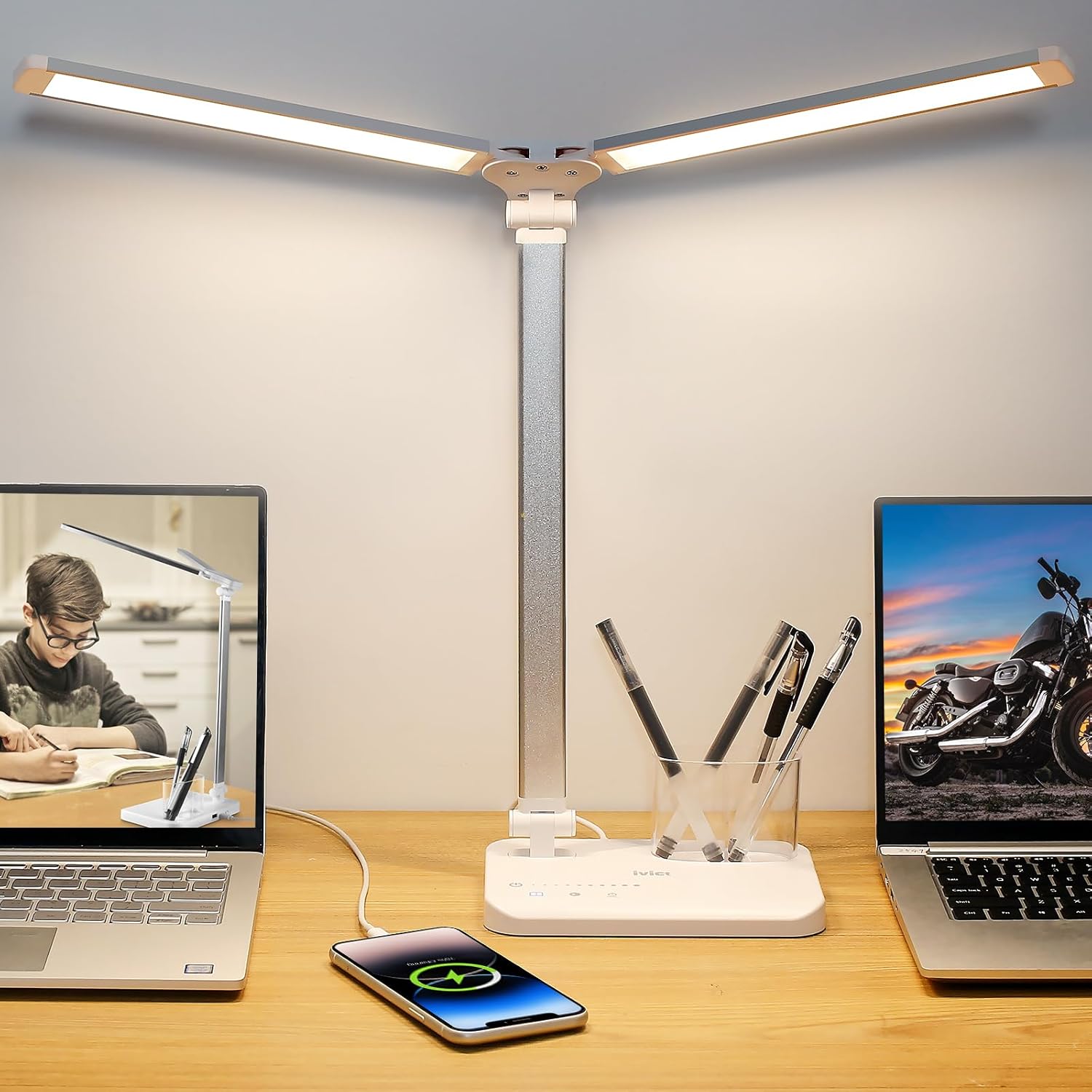 iVict Dual Swing Arm LED Desk Lamps, 5 Light Modes x 10 Brightness Levels Desk L...