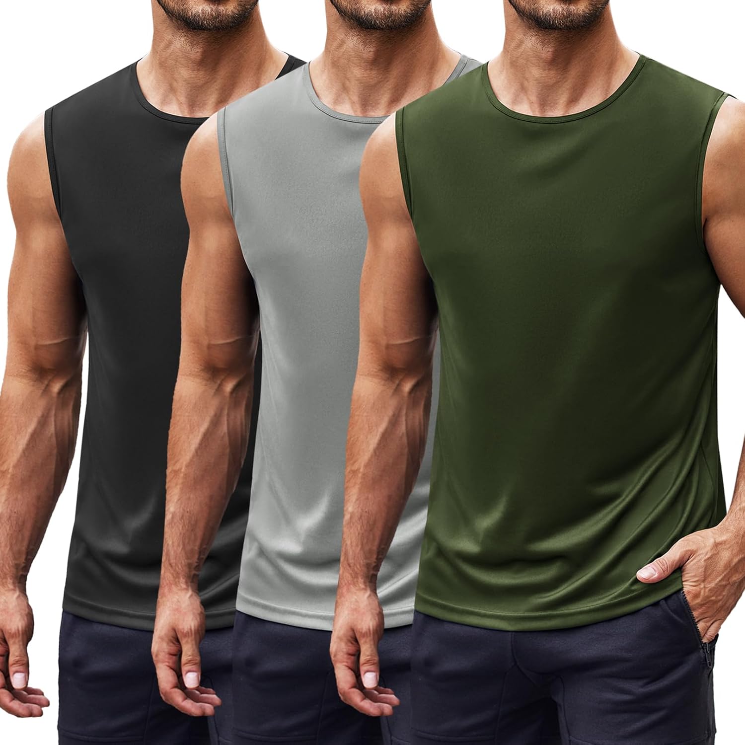 COOFANDY Mens 2 Pack Workout Tank Top UPF 50+ Quick Dry Sleeveless Swim Shirt Gy...