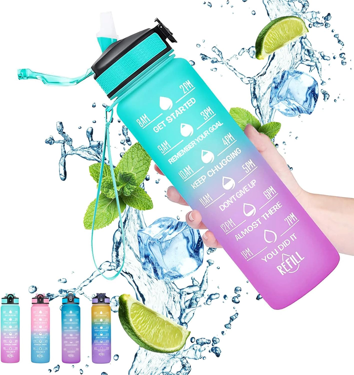 Gaiayhc Sports Water Bottle 1 L,Motivational with Time Marker and Straw,30oz Lea...