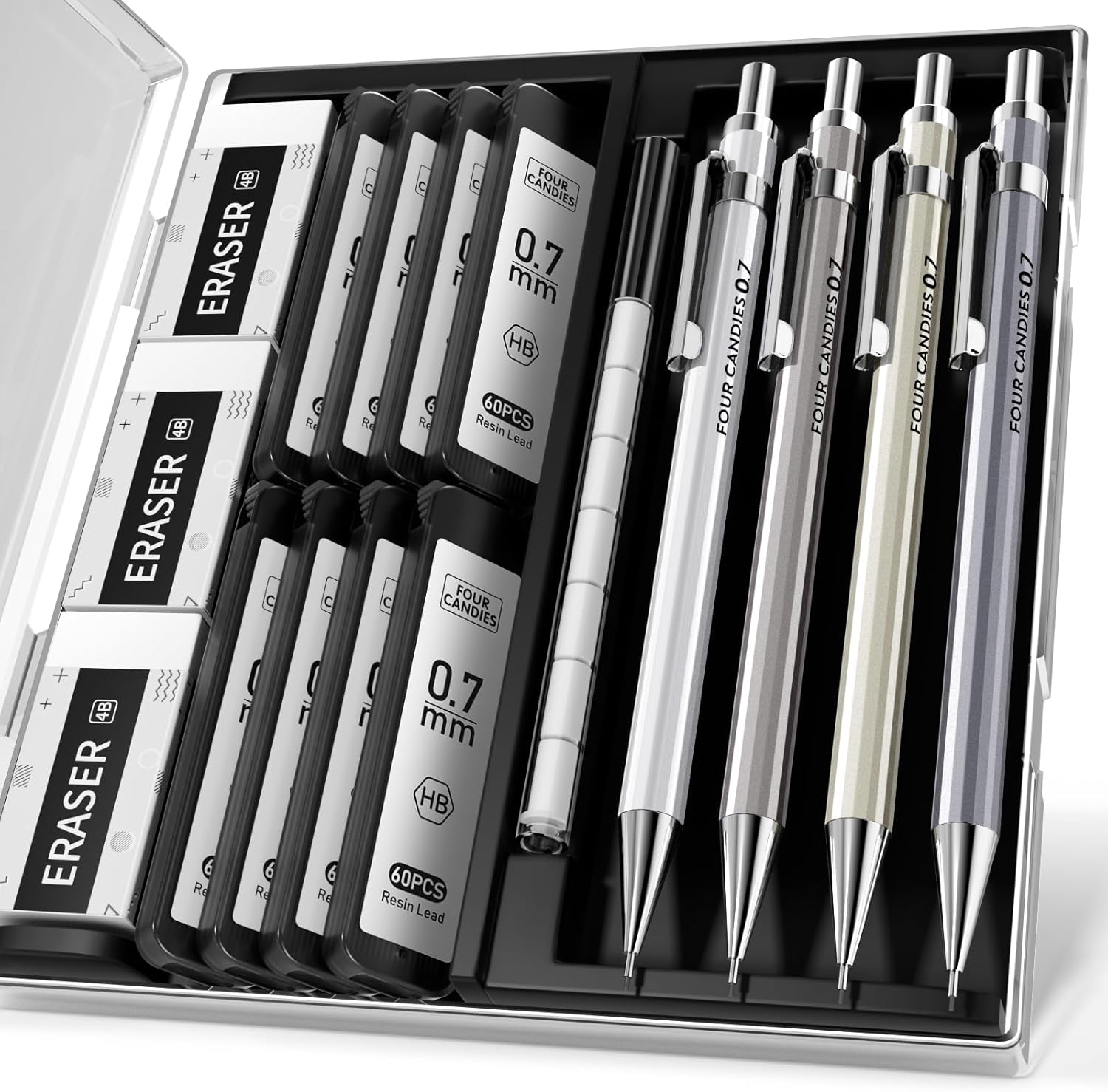 Four Candies 0.7mm Mechanical Pencil Set with Case - 4PCS Metal Mechanical Penci...