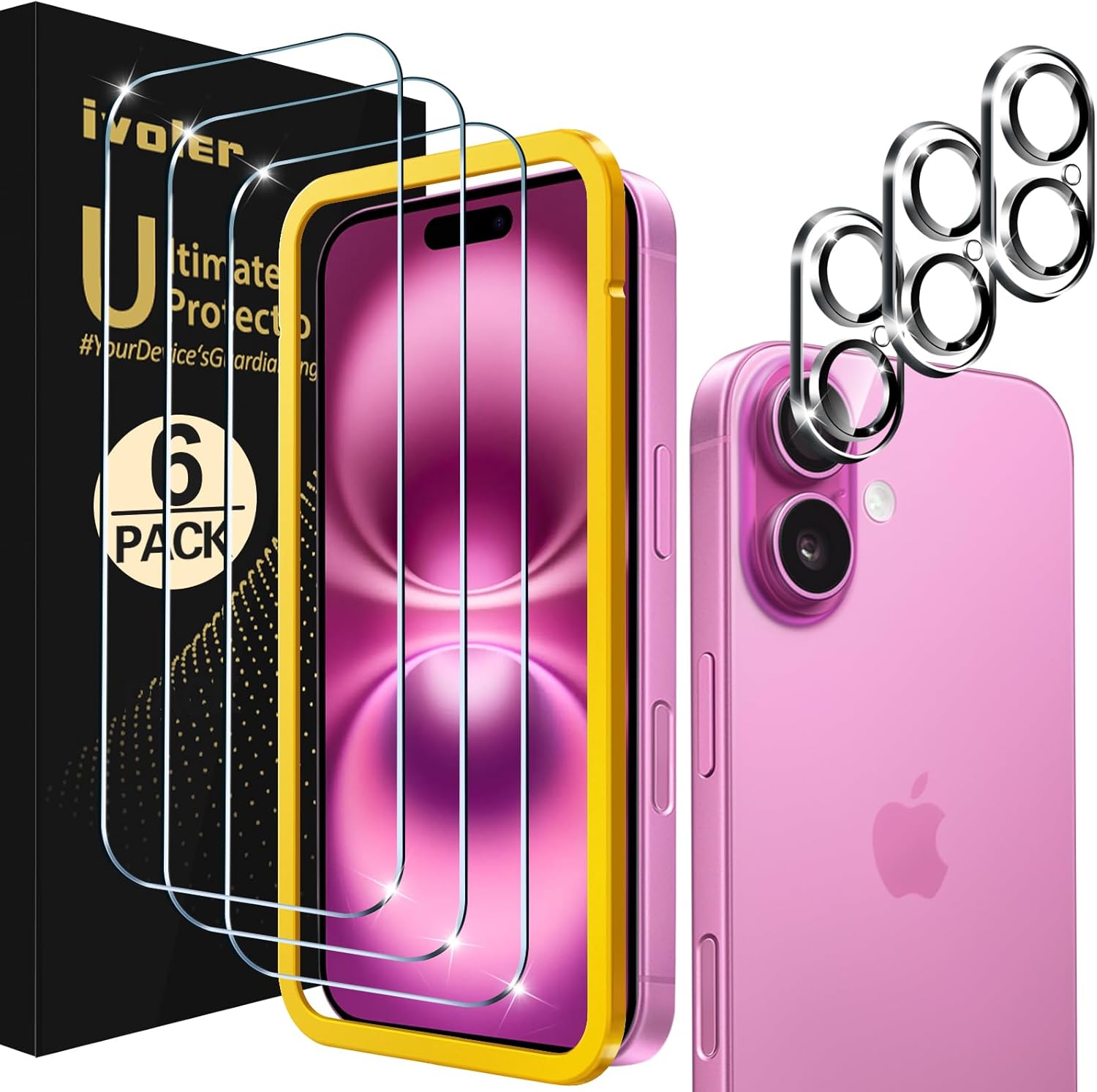 ivoler [Alignment Aid Screen Protector for iPhone 16, 3 Tempered Glass Film and...