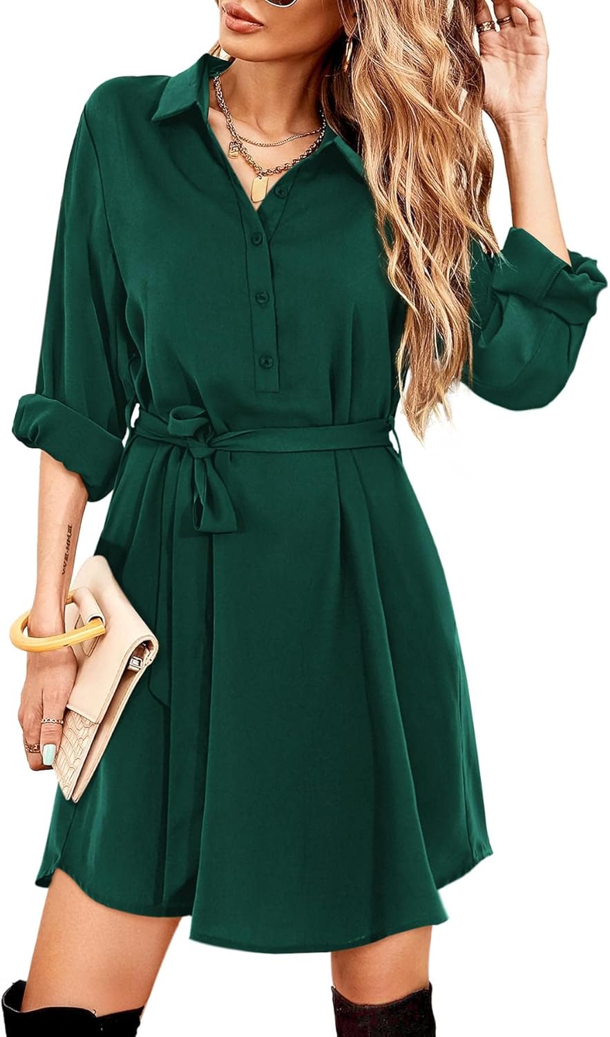 Beluring Women's Shirt Dresses Casual Long Sleeve Button Dress with Pockets A:da...