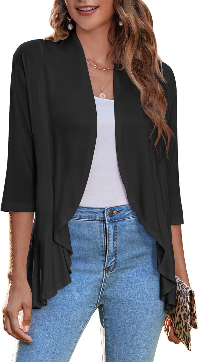 Zeagoo Women's Open Front Cardigan 3/4 Sleeve Draped Ruffles Soft Knit Sweaters...