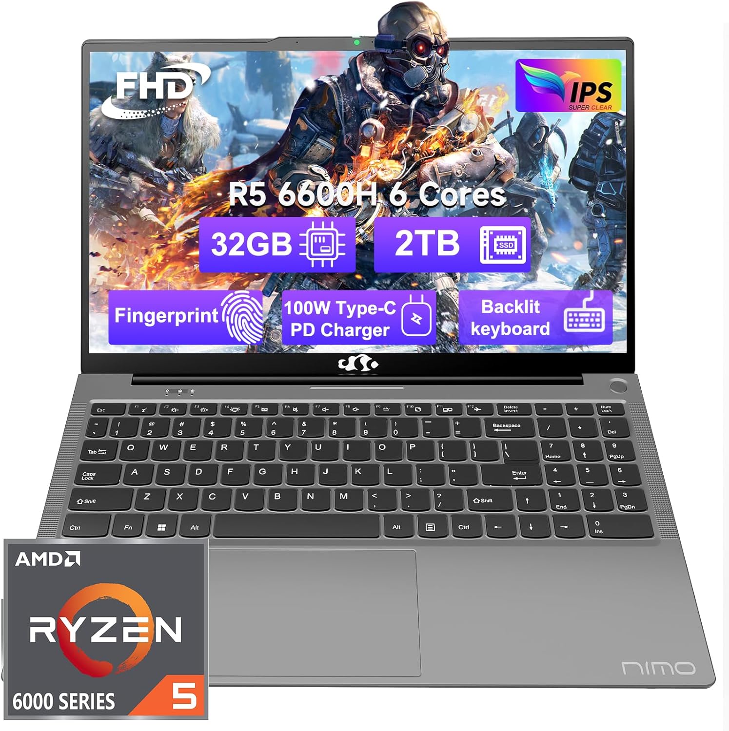 NIMO Laptop, 15.6 FHD-Laptop, 32GB RAM 2TB SSD, 6 Cores AMD Ryzen 5 6600H (Beat...
