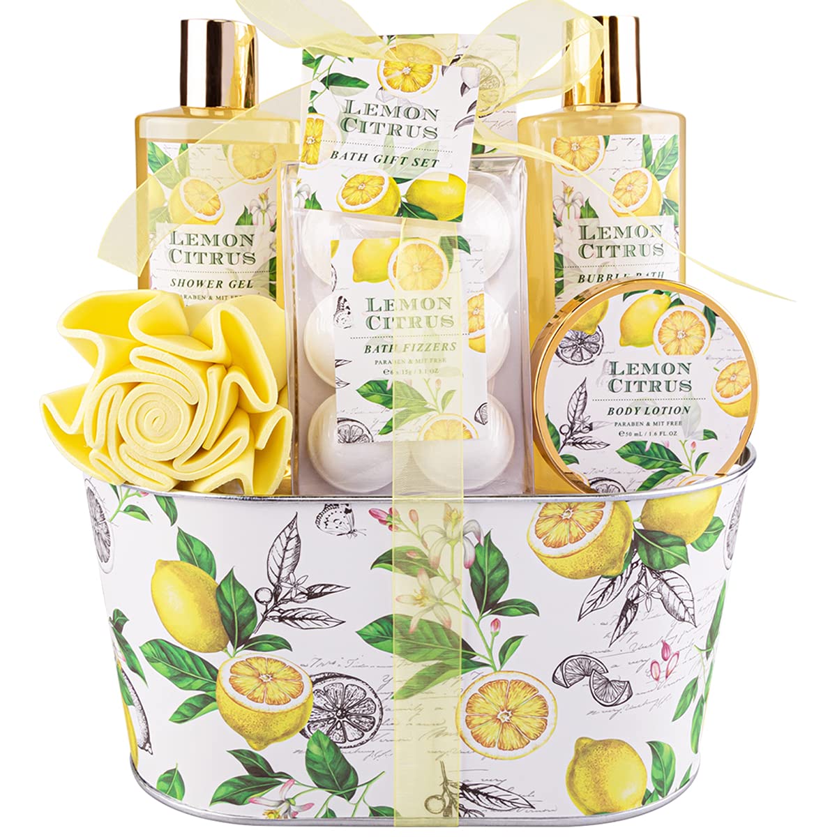 Bath Gift Set, Lemon Citrus Spa Gift Basket for Women, Includes Shower Gel, Bubb...