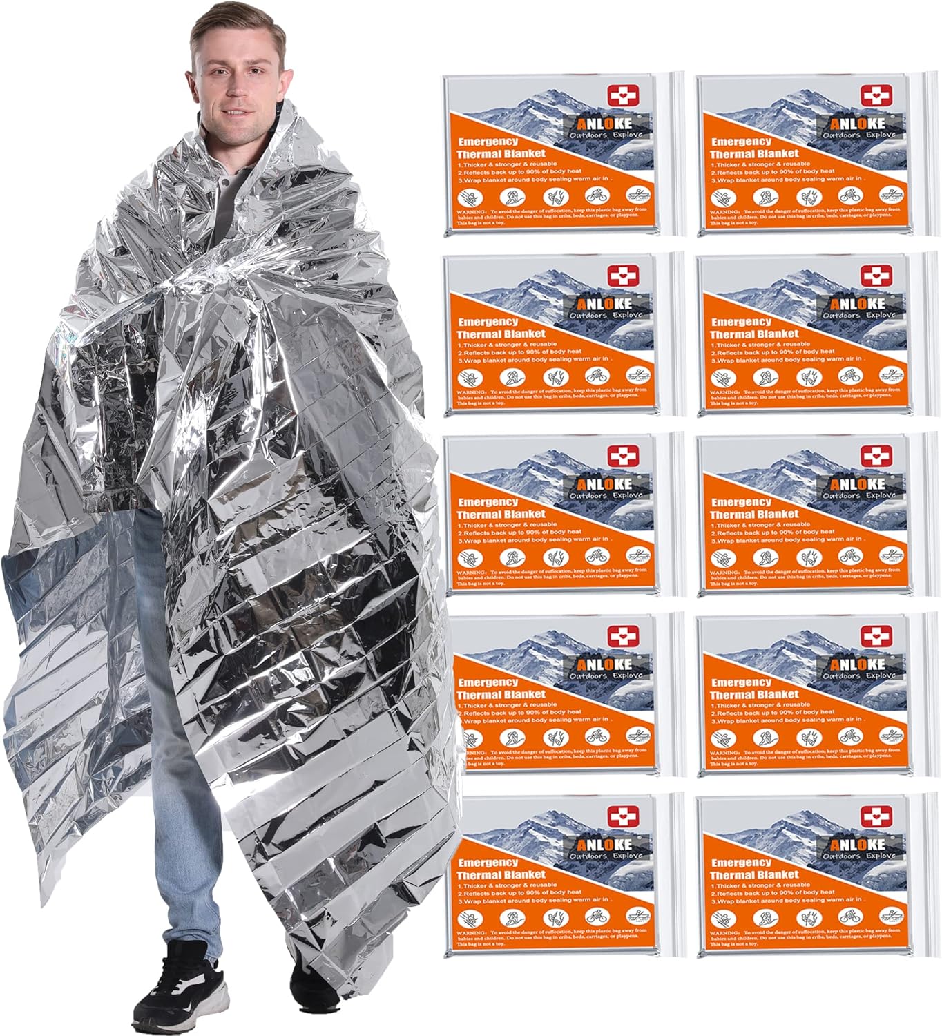 Emergency Blankets Mylar Thermal Blanket,(10 Pack) of Gigantic Space Blanket 82...