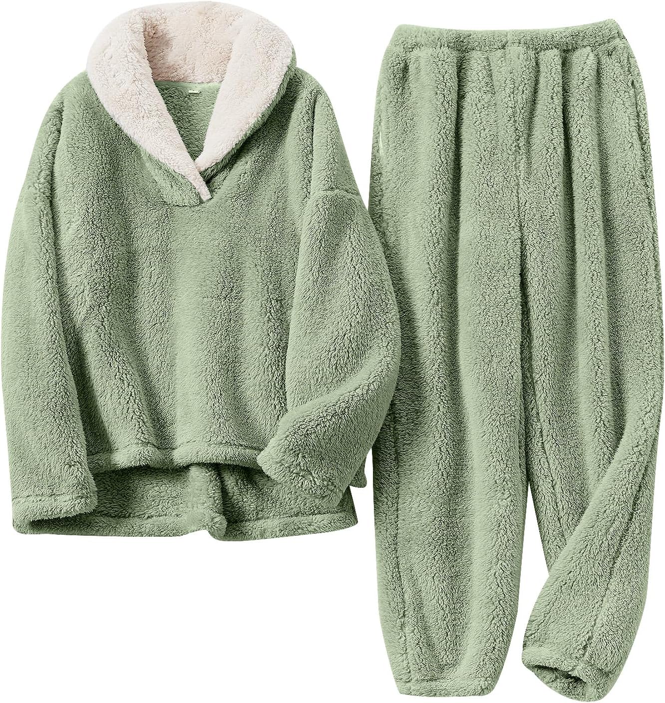 Fluffy Pajamas Set for Women Soft Comfy Fleece Pjs Pullover Pants Loose Plush Sl...