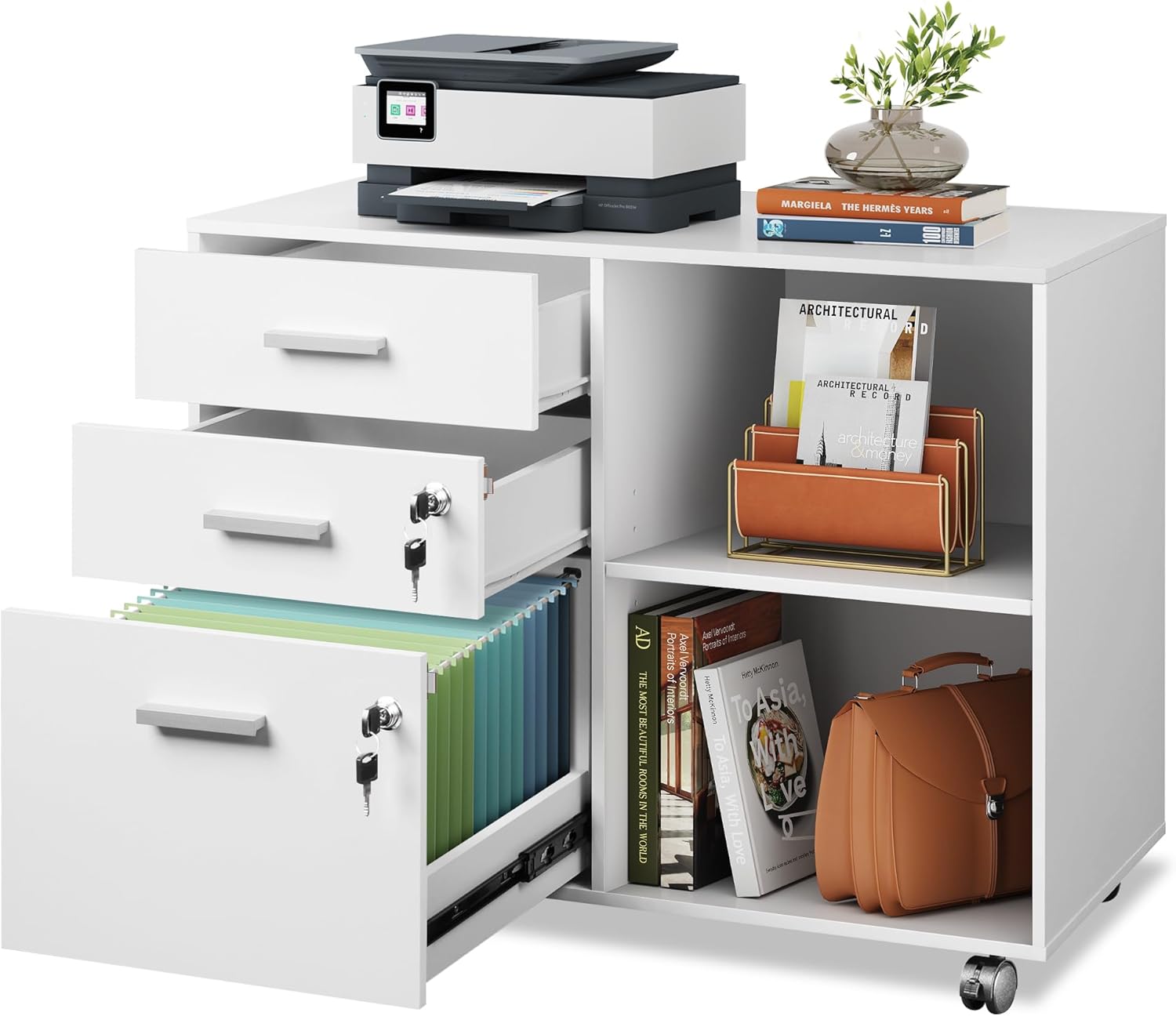 DEVAISE 3-Drawer Wood File Cabinet with Lock, Mobile Lateral Filing Cabinet, Pri...