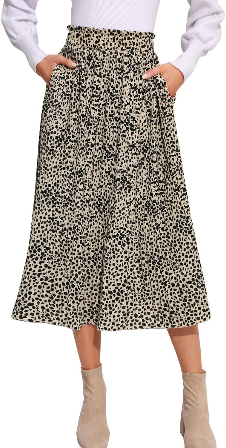 EXLURA Womens High Waist Polka Dot Pleated Skirt Midi Swing Skirt with Pockets A...