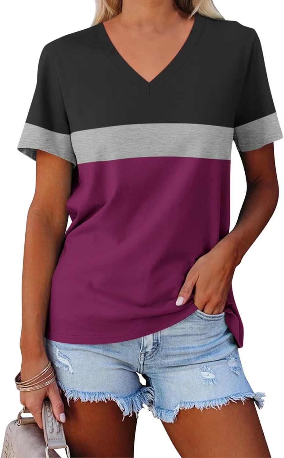 Minetom Women's Color Block/Solid Tops Short Sleeve V Neck T Shirts Summer Casua...