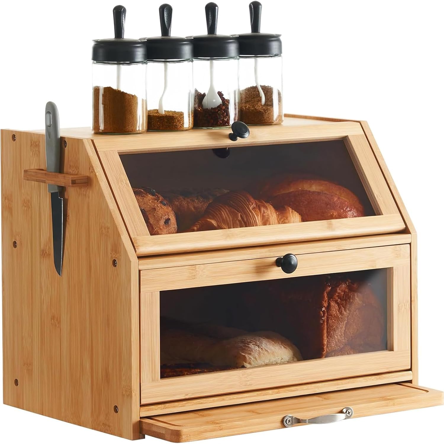 YOUDENOVA Double Decker Bread Box with Cutting Board, Extra Large 2-Layer Bamboo...