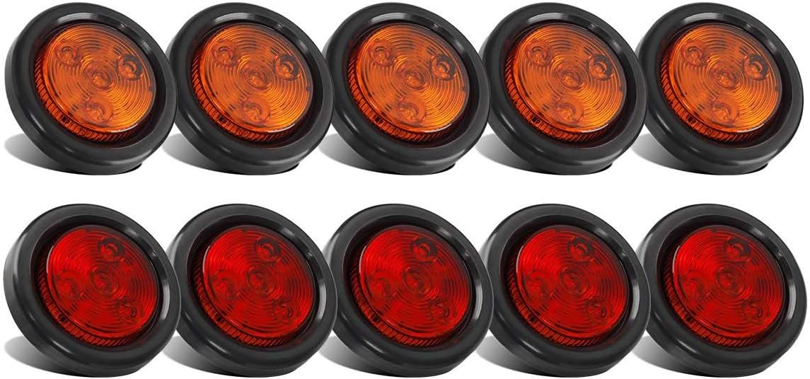 Partsam 10Pack(5 Amber + 5 Red) 2" 4LED Round Trailer Side Marker Light Grommet...