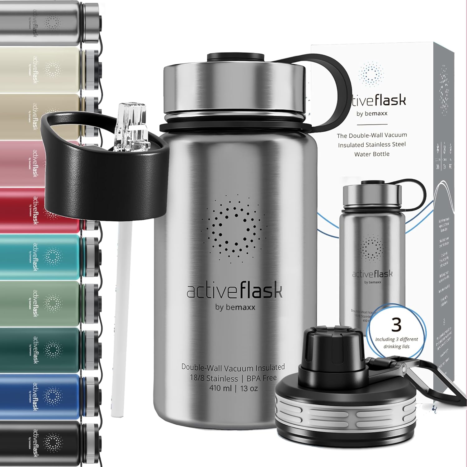 Stainless Steel Water Bottle with Straw & 3 Lids: 1 & 0,5L Leak-Proof BPA-Free V...