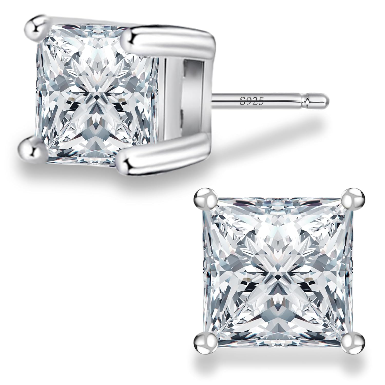 Sereney Sterling Silver Stud Earring for Men, Square Hypoallergenic Earrings for...