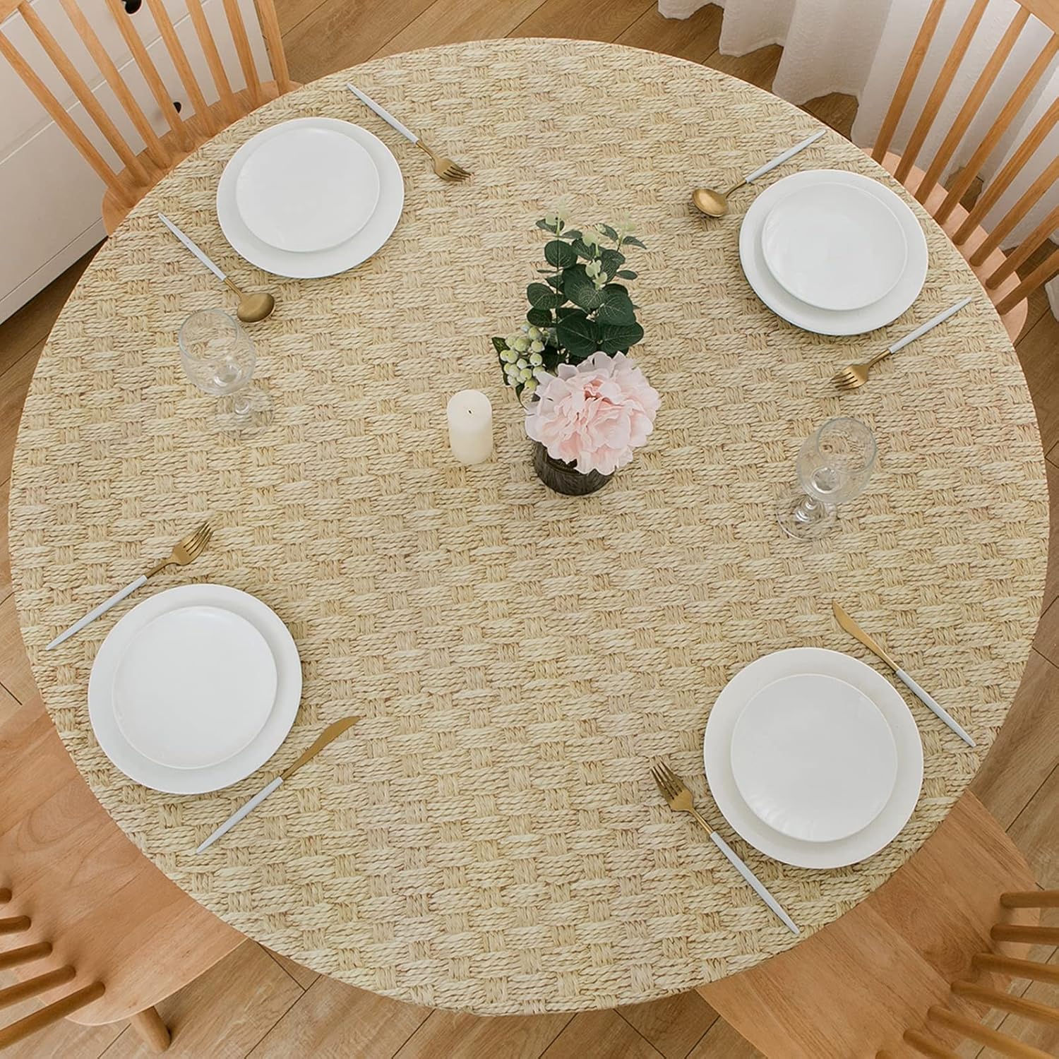 LIBERECOO Round Vinyl Fitted Tablecloth with Flannel Backing Elastic Edge Plasti...