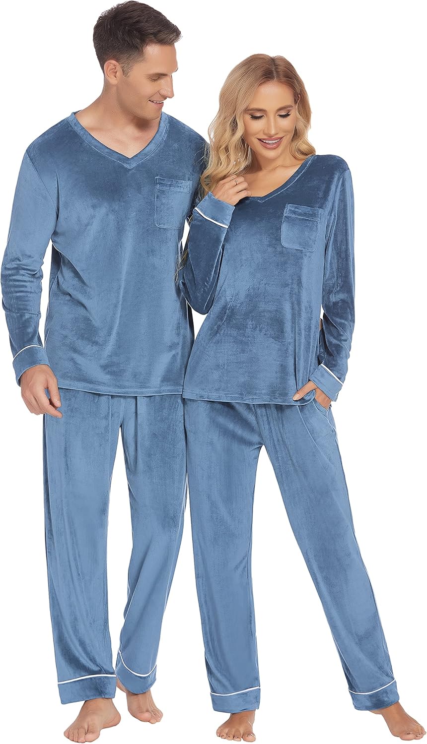 Ekouaer Couples Matching Pajamas Sets Velvet PJs Set for Men and Women Velour Lo...