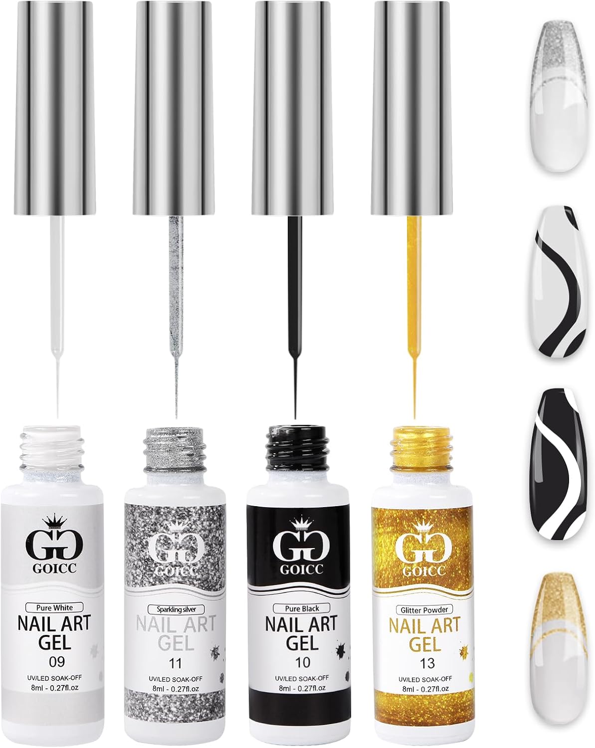 Gel Liner Nail Art Kit - 4 Colors Black White Glitter Silver Gel Polish - Soak O...